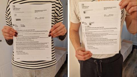 Image of two anonymous people holding up letters from HM Revenue and Customs. The letters have been redacted to remove personal information. 