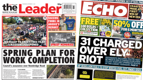 Front pages of Wrexham Leader and South Wales Echo