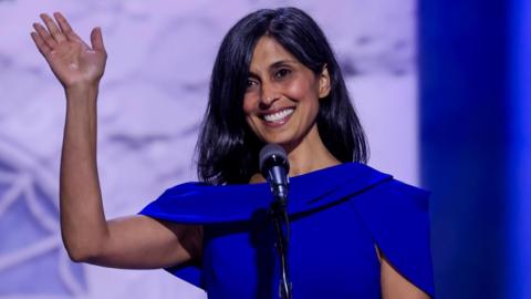 Usha Vance - the wife of Republican vice presidential candidate JD Vance - waves at supporters during her speech at the Republican National Convention.