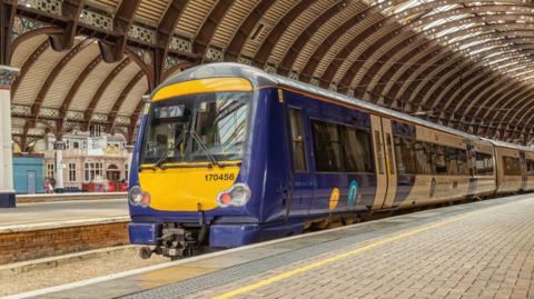 A train stands at a railway station platform covered by a curving iron canopy.