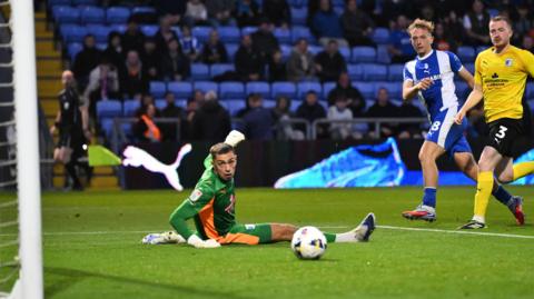 Michael Mellon of Oldham Athletic sees his shot hit the post
