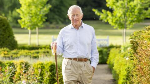 King Charles III is in the middle of the image. He has short grey hair and is wearing a blue shirt, brown belt and beige trousers and is holding a walking stick in his right arm. He is stood in the middle of a garden which has rows of hedges and small trees. 