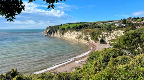 The bay at Beer in Devon with trees and bushes in the foreground and clouds on the horizon