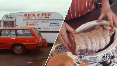 Split of Mick & Peg food van and meat in a bowl.