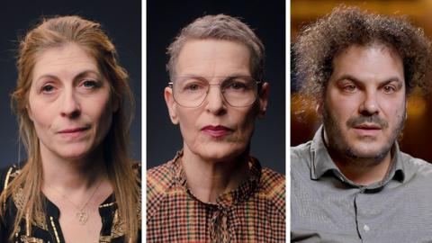 A composite image of three people. A woman with long brown-reddish hair wearing a black top with gold threads. A woman with short grey hair, thin-rimmed glasses and a check-pattern top. A man with curly brown hair and a beard, wearing a grey-blue shirt.