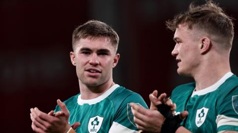 Jack Crowley pictured with Josh van der Flier after beating England