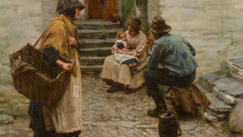 A section of the oil painting depicting fishermen and their families at the turn of the century. There is a woman sat on a step holding a young child and a man is sat talking to her as another woman walks by.