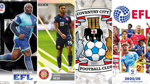 Adebayo Akinfenwa legend sticker, Jamie Reid of Stevenage sticker, Coventry City club crest shiny sticker, the EFL 2025/26 Official Sticker Album from Panini
