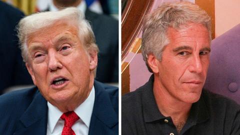 A composite image of Donald Trump on the left and Jeffrey Epstein on the right