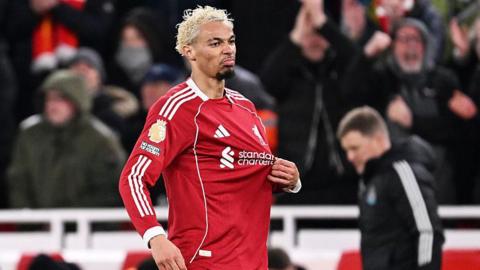 Hugo Ekitike celebrates after scoring for Liverpool against Newcastle United at Anfield