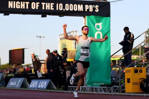 Konstantin Wedel of Germany wins Race 6 during the Night Of The 10,000m PBs event at Parliament Hill Athletics Track on May 20, 2023