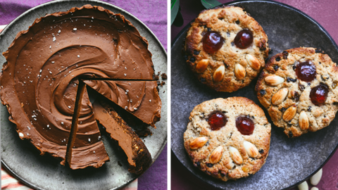 A split image of a chocolate tart that has been sliced into four segments and three biscuits each with two cherries and four almonds on top.