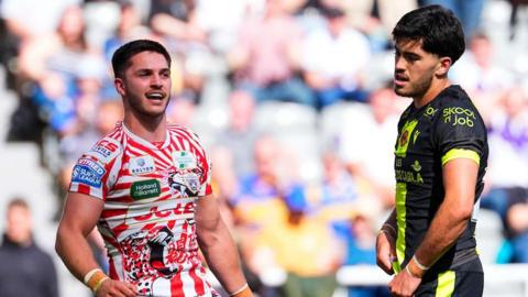 Leigh Leopards' Ben McNamara celebrates his try against Catalans Dragons.