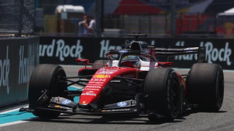 Ferrari's Charles Leclerc turns around a right-hand corner during practice for the Miami Grand Prix