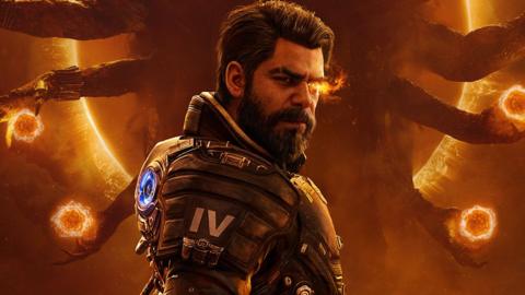 Box art from the game Saros shows an image of Rahul Kohli as Arjun Devraj, standing side-on as he looks at the viewer. He wears heavy body armour with roman numerals IV printed on the shoulder in white. A fiery orange glow emanates from his left eye, and behind him a large deity or creature with multiple arms, a glowing orange orb floating in each hand, looms over the scene.
