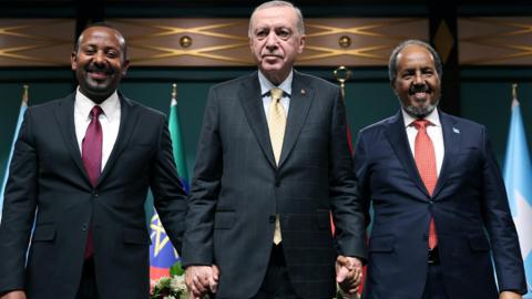 Turkish President Erdogan (centre) holds hands with Somali President Hassan Sheikh Mohamud (right) and Ethiopian Prime Minister Abiy Ahmed (left) - all in suits and ties - posing for the cameras after a press conference in Ankara, Turkey - 11 December 2024