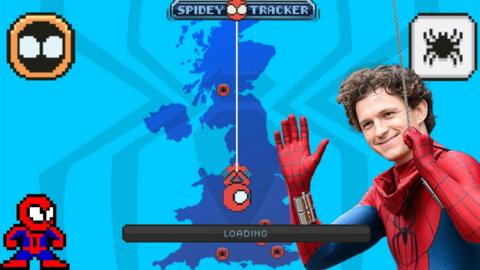 A mocked up version of the Spidey-tracker used in the film with retro graphics with an image of spider-man webbing down from the top of the screen over a map of the UK and also Tom Holland waving. 