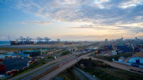 A bird's eye view of a sunset on a Tema port in Ghana