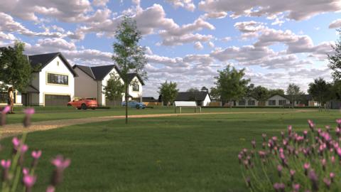 A CGI of modern homes with a large grassy area in front