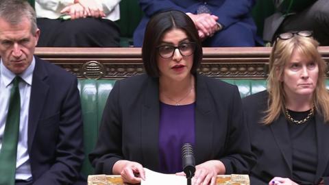 Screen grab of Home Secretary Shabana Mahmood issuing a statement in the House of Commons following the murder of Henry Nowak. She has glasses, a purple top, and a black blazer.