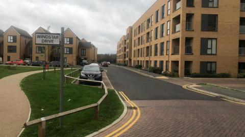 Road with houses and three and five-storey flats surrounding it. There is a grassed area in front of the properties with a footpath winding through it, with young trees and a low wooden fence next to the road in the foreground