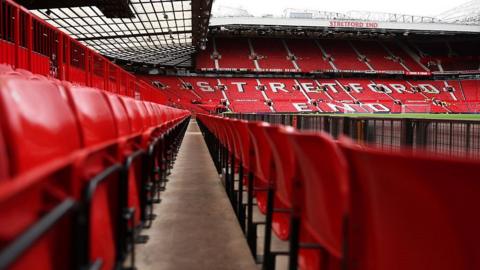 Manchester United's Old Trafford stadium seen from a vantage point in the stands