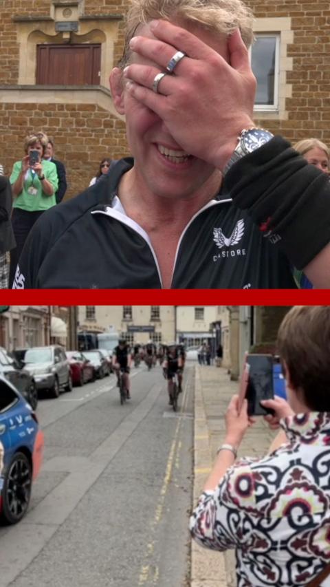 A composite image of Lewis Moody giving an interview and cycling