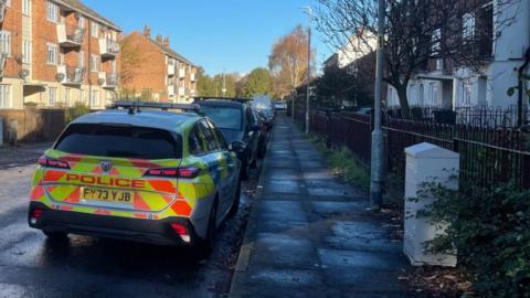 A police car is parked on the side of a road. There are other parked cars and it is a residential area in Great Yarmouth.