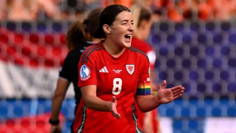 Angharad James during Wales' defeat to Netherlands