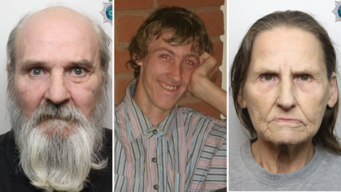 A composite image showing a man smiling in the centre of a mugshot of a man and a woman