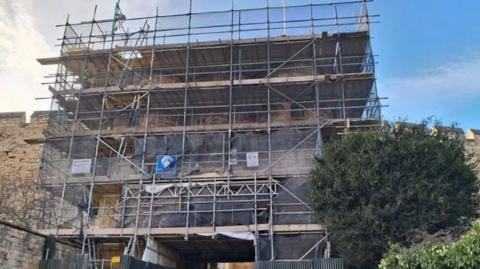 Scaffolding around one of the gates to Lincoln Castle.