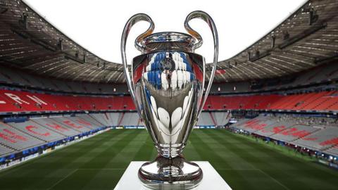 The European Cup in front of an empty Allianz Arena in Munich before the 2025 Champions League final