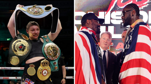 Split image of Lauren Price with her world titles and Deontay Wilder and Derek Chisora facing off