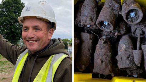 A composite image of Steven Parkinson and some of the bombs he discovered under a playground in Scotts Park