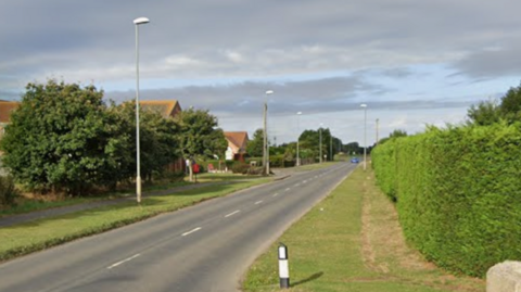 A road leading off into the distance. A grass verge and a bush are on the right of the road. A grass verge and a path are on the left of the road, alongside a row of trees. The sky is grey and overcast. 
