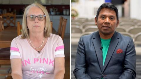 Split screen showing woman wearing pink shirt and man wearing blue suit.