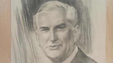 A pencil sketch of a man with smart hair an a collared shirt