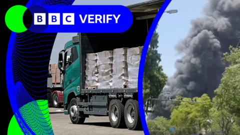 A split image showing aid for Gaza on the left and a thick black smoke plume on the right