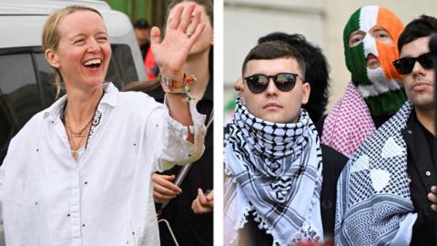 Splitscreen of Eavis waving and Kneecap members outside court