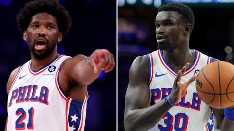 A split image of Joel Embiid pointing and Adem Bona holding a basketball, with both players wearing white Philadelphia 76ers jerseys