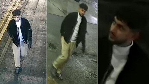 Three CCTV images of a man with black hair and a beard, wearing a black top and brown trousers