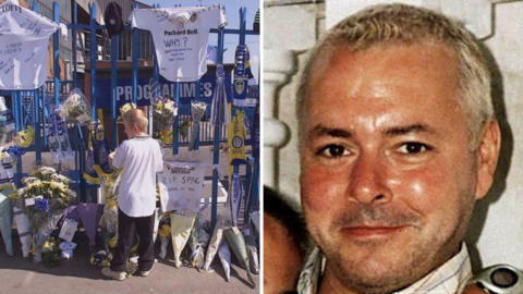 Floral tributes at Elland Road in 2000 and Kevin Speight, a victim of fan violence in Istanbul in April 2020