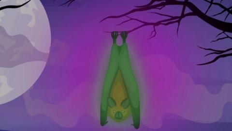 An illustration of a bat glowing green, hanging upside down from a tree branch.