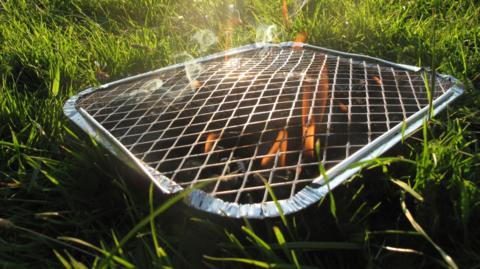 A disposable barbecue pictured in a park