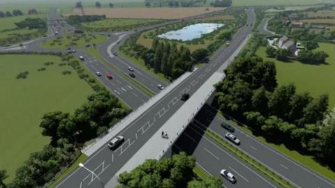 An artist's impression of the improvement scheme. A road is raised over another road, which is carrying traffic underneath. People are walking on a footpath next to the raised road and there are fields, trees and bushes surrounding them.