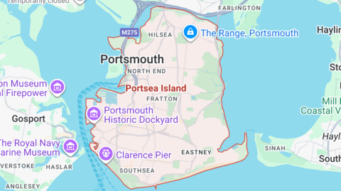 A map of Portsea Island which is outlined in red, designating the dispersal order zone.