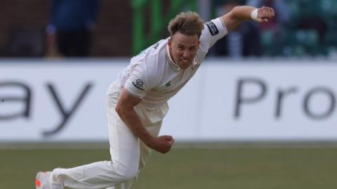 Logan van Beek bowling against Lancashire
