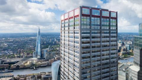 An illustrative image of the proposed skyscraper with The Shard seen on the other side of the River Thames