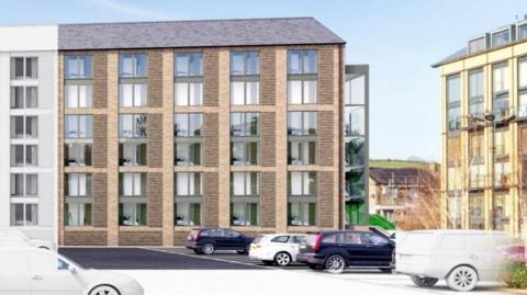 A sketch of a 6-storey building with big windows, and a car park in front 