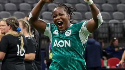 Linda Djougang celebrates Ireland's win over New Zealand in Vancouver